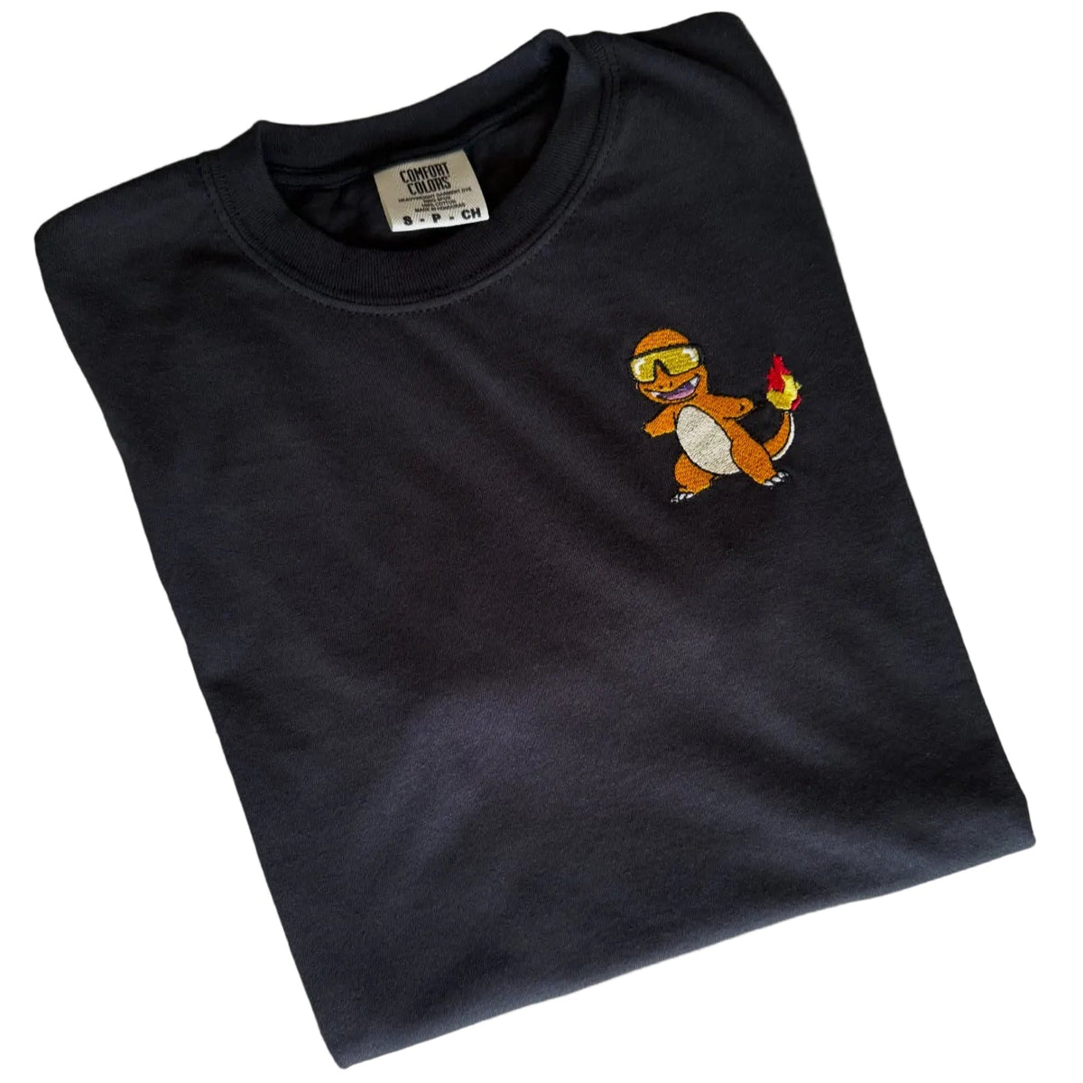 Cool Charmander embroidered t-shirt on black Comfort Colors tee
